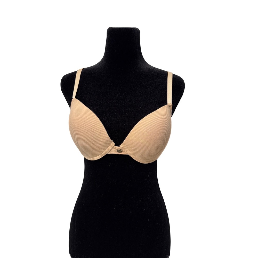 Betsey Johnson Tan Ribbed Push Up Bra 36B Gold Heart Hardware Nude Plunge